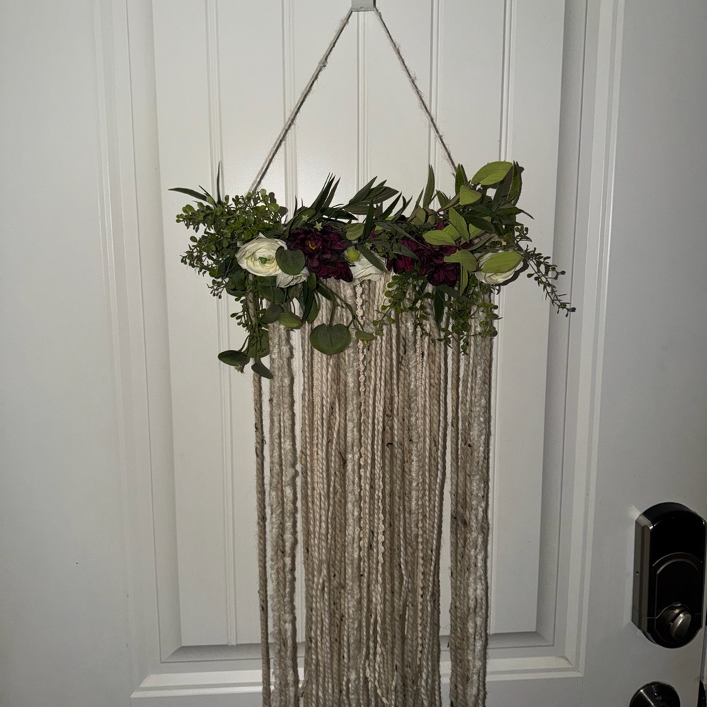Handmade Cream Macramé Wall Hanging with Green & Burgundy Floral Accents
